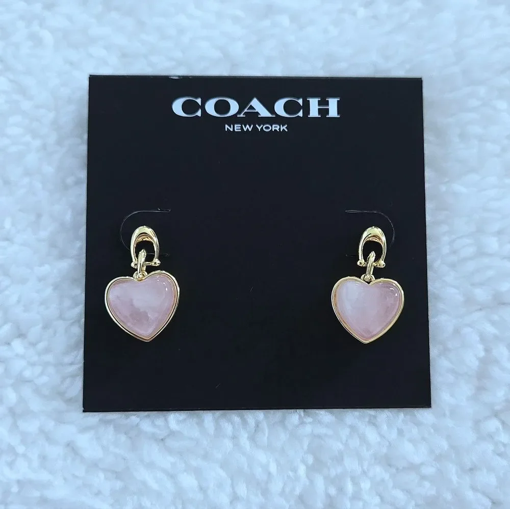 Coach Carved Rose🌹Quartz Heart💕 Drop Earrings